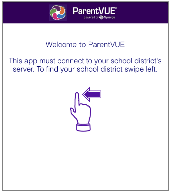 ParentVUE app directing to swipe left to find school district